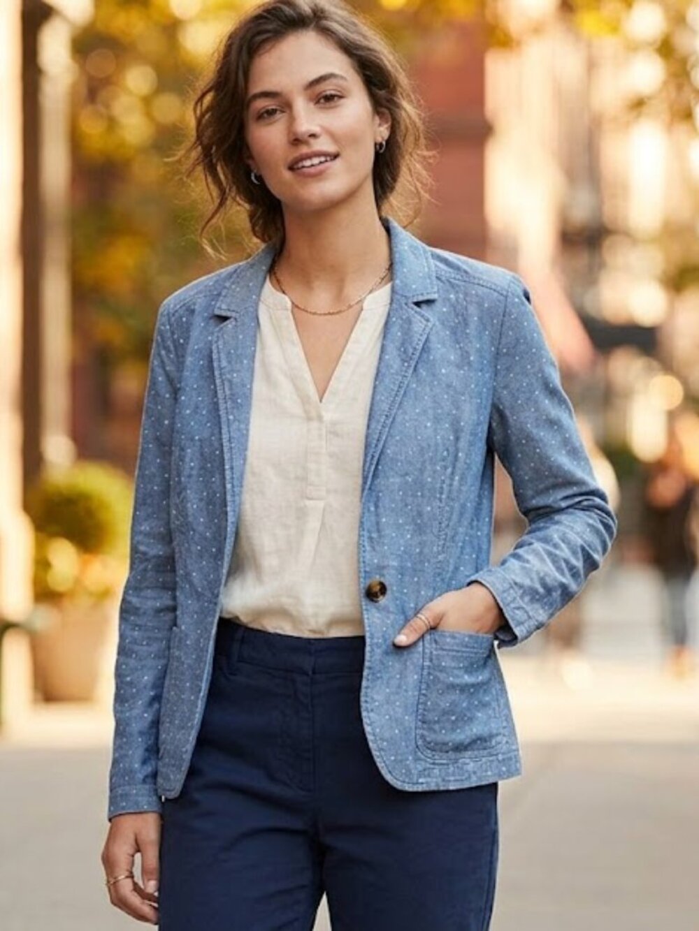 Caslon Light Blue Chambray Dotted Blazer Jacket 100% Cotton Size M Like New